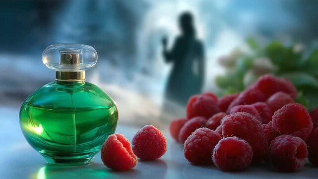 A faceless figure&rsquo;s silhouette blurred in the background while a green perfume bottle sits in the foreground surrounded by soft-focus raspberries and sugar mist, whimsical airy lig