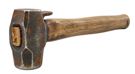 Metal sledgehammer, heavily rusted with wooden handle and carvings, cutout, PNG isolated on transparent background