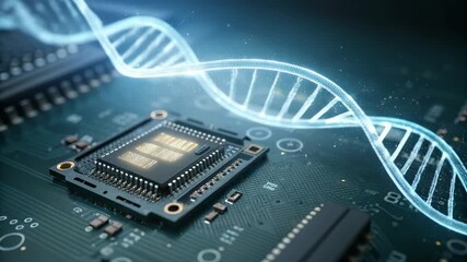Biotech innovation for future of science and medicine gene editing technology visualized with glowing DNA helix over microprocessor, concept for genetic research - Powered by Adobe