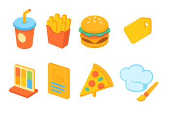 Fast food glowing icon set. Bright snack and beverage icons in glowing style