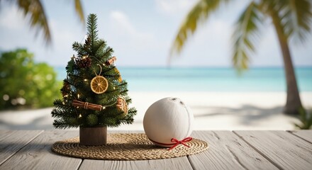 Tropical Christmas Decor with Mini Tree and Bowling Ball on Beachside Table