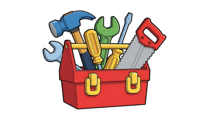 Red toolbox, filled with assorted hand tools including a hammer wrench screwdrivers and saw, cutout, PNG isolated on transparent background