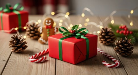Festive Red Gift Box with Green Ribbon Surrounded by Pinecones and Candy Canes for Holiday Celebrations