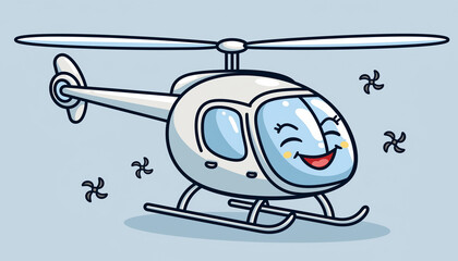 Fototapeta premium Cartoon illustration of a happy white helicopter with a smiling face and spinning rotors against a light blue background.