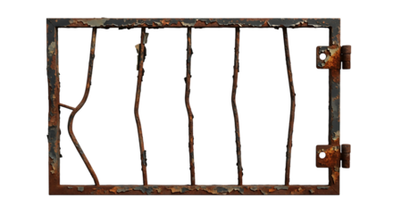 Metal window grate, rusted with peeling paint and hinges, cutout, PNG isolated on transparent background