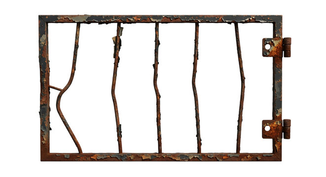 Metal window grate, rusted with peeling paint and hinges, cutout, PNG isolated on transparent background - Powered by Adobe