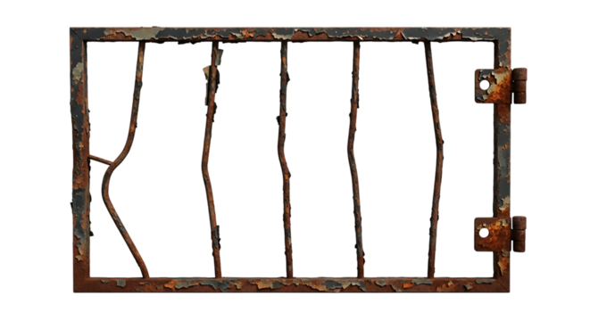 Metal window grate, rusted with peeling paint and hinges, cutout, PNG isolated on transparent background