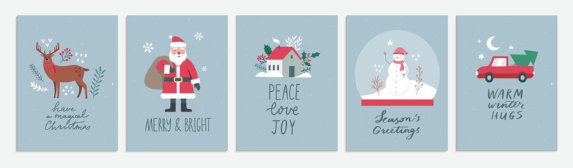 A set of greeting cards for Christmas and New Year. Cute simple flat images of Santa Claus, car, Tree, reindeer, snowman and lettering. Vector illustration