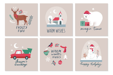 A set of greeting cards for Christmas and New Year. Cute simple flat images of Santa Claus, car, Tree, reindeer, snowman and lettering. Vector illustration