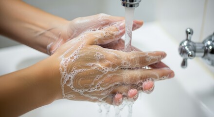 Wash your hands for a healthy life, woman's hands under running water covered in soap, promoting personal hygiene and wellness for disease prevention