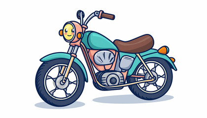 Obraz premium Cartoon illustration of a teal vintage motorcycle with brown seat and smiling headlight, isolated on white background.