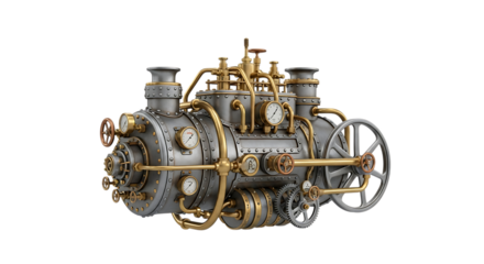 Steampunk engine, intricate with brass pipes gauges and gears, cutout, PNG isolated on transparent background