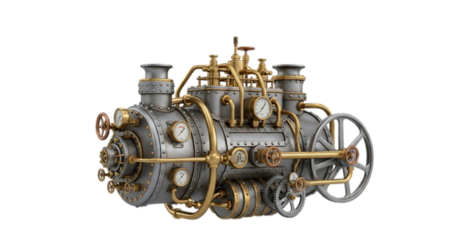 Steampunk engine, intricate with brass pipes gauges and gears, cutout, PNG isolated on transparent background