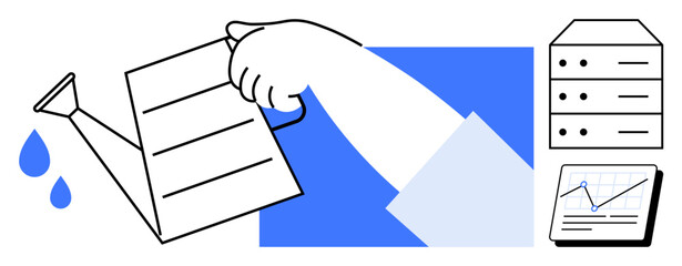 Hand pours water on servers, tablet shows data growth graph. Ideal for technology, data growth, innovation, business development, digital solutions, efficiency sustainability. Simple flat metaphor