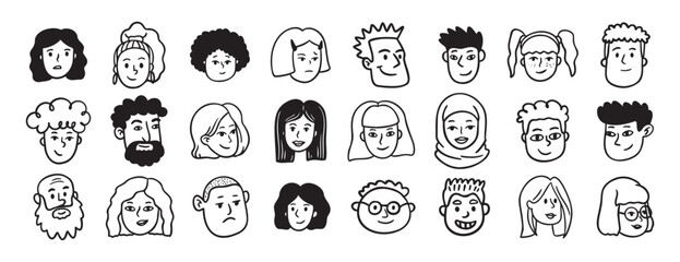 Faces people different avatars doodle hand drawn icon set. Outline drawing head people line clipart symbol collection