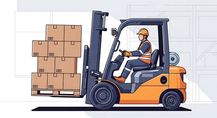 Warehouse Worker Operating Orange Forklift
