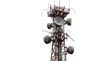 Communication tower, rusted with multiple antennas and satellite dishes, cutout, PNG isolated on transparent background
