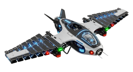 Sci-fi aircraft, futuristic with glowing blue lights and segmented wings, cutout, PNG isolated on transparent background