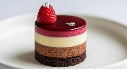 A sophisticated multi-layered mousse cake featuring rich dark chocolate, creamy white chocolate, and a vibrant raspberry topping on a clean white plate