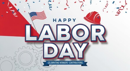 Celebrate a happy Labor Day with festive confetti, American flag, and a construction helmet, perfect for promotional banners or social media greetings