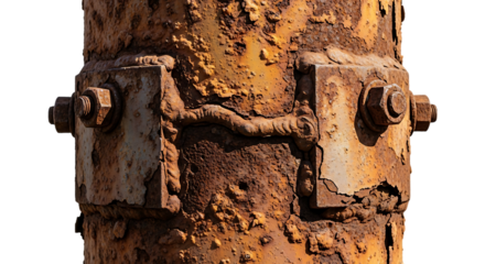 Metal pole, heavily rusted with welded brackets and bolts, cutout, PNG isolated on transparent background