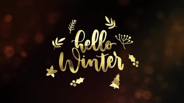 Hello winter golden text animation for festive season holidays celebration. christmas and winter calligraphy script greetings. 4k animation video