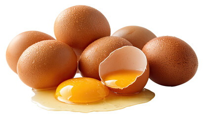 Fresh brown eggs, some cracked, with yolk spilling