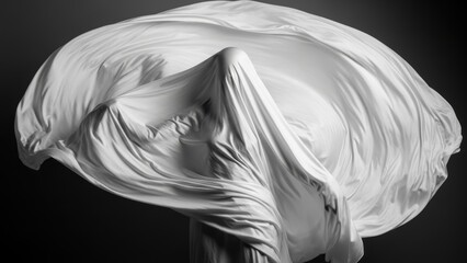 Black and white photo of a figure covered by a large, swirling white cloth.
