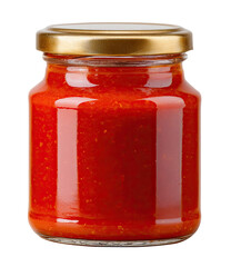 Clear glass jar filled with red sauce, gold lid