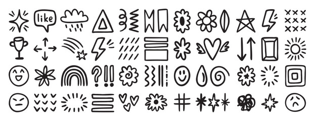 Random hand drawn doodle icons set with smiley faces, stars, flowers, arrows and symbols