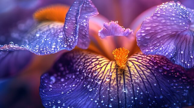 Close up of a purple iris flower covered in water droplets with an orange center and petals - Powered by Adobe