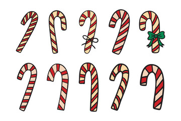 Candy cane clipart set with striped Christmas canes, with and without bows, festive collection, hand drawn.
