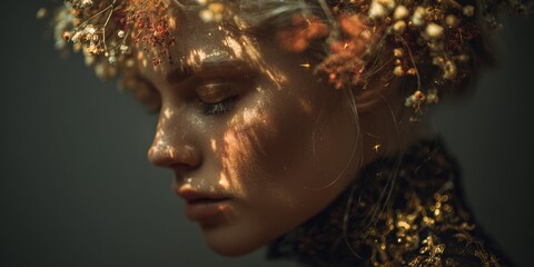 Ethereal woman with floral crown and golden attire illuminated by soft, warm light