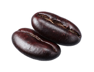 Two roasted coffee beans, dark brown, glossy, close-up