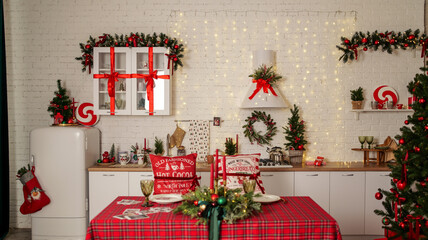 Festive Christmas kitchen decorated for the holidays with a dining table set.