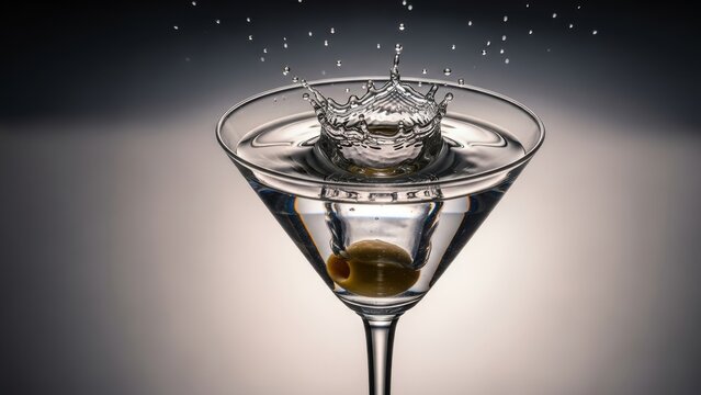 A water droplet creating a crown splash in a martini glass with an olive.
