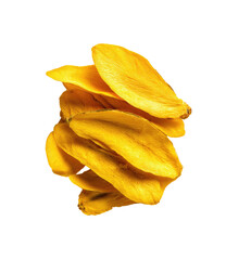 A cluster of golden-yellow, thin, dried fruit slices.  They overlap and form a visually interesting, slightly uneven pile.