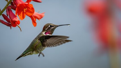 A hummingbird hovering in the air near red flowers, with a water drop on its beak.