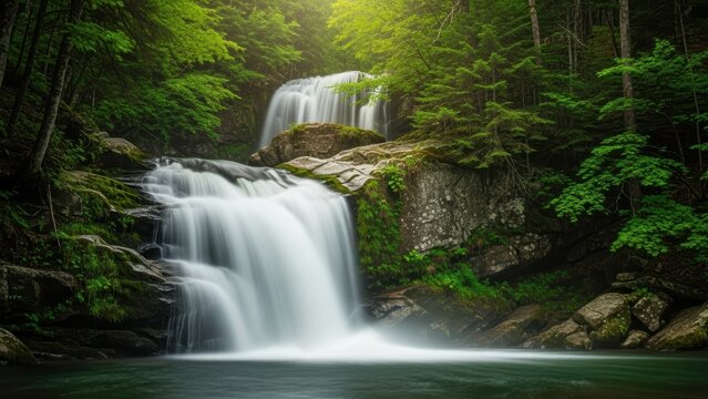 A beautiful waterfall cascading over rocks in a lush, green forest.