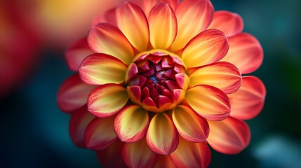 Close up of a vibrant dahlia flower with red and yellow petals against a dark blurred background