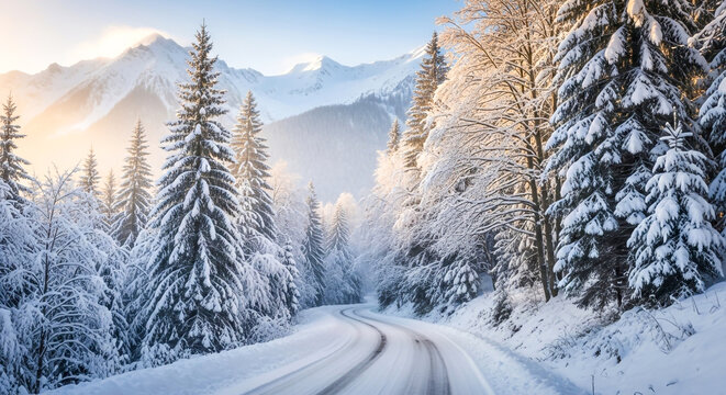 Winding road through a snowy forest with mountains in the background , ai generated image
