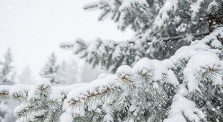 Stunning winter forest scene with frosted pine branches and gentle falling snowflakes creating a serene, magical atmosphere.