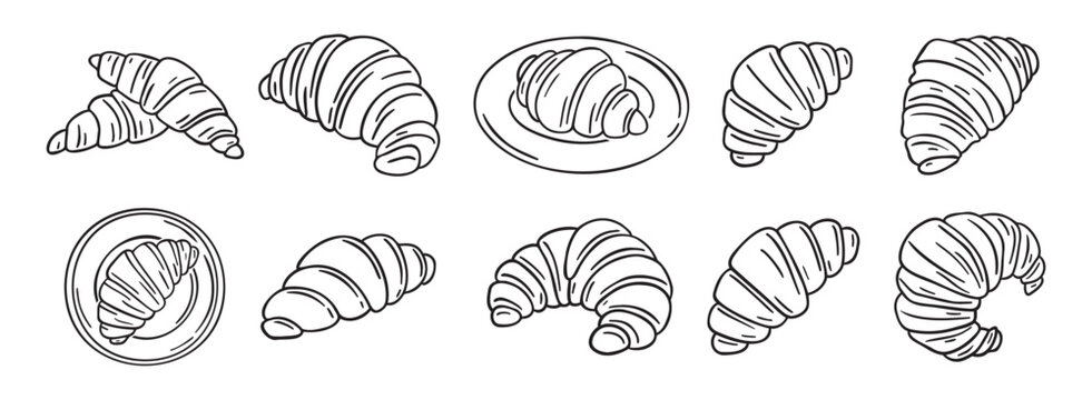 croissant doodle hand drawn icon set. Outline drawing croissant french breakfast line clipart symbol collection