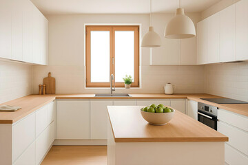 Modern White Kitchen Interior with Natural Light and Wooden Accents