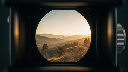 A beautiful landscape of rolling hills at sunset, seen through a vintage camera viewfinder.