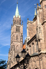 Gothic St. Lorenz Church in Nuremberg, Germany, beautifully restored after World War II, featuring...