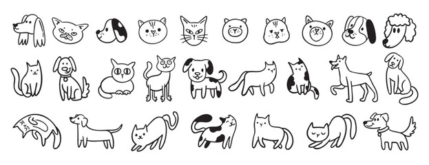 cute dogs and cats doodle hand drawn icon set. Sitting, standing. Outline drawing cats and dogs faces line clipart symbol collection © Yanka