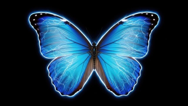 A vibrant blue butterfly with lightning patterns on its wings against a black background.