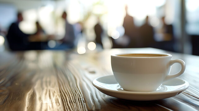 White Coffee Cup on Wooden Table with Blurry Business Meeting Background