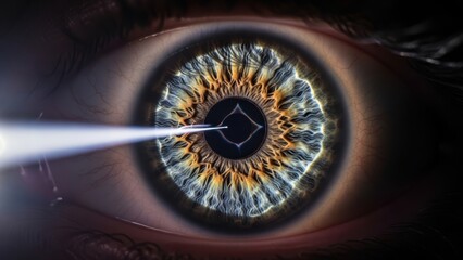 Extreme macro of a human eye with a laser beam pointing towards the pupil.